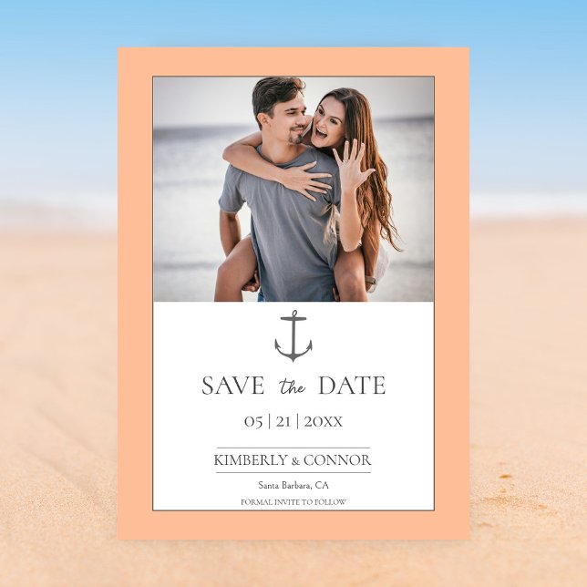 Reserve A Data Âncora Náutica Simples Save the Date | Pêssego (Peach Fuzz Simple Nautical Anchor Photo Save the Date)