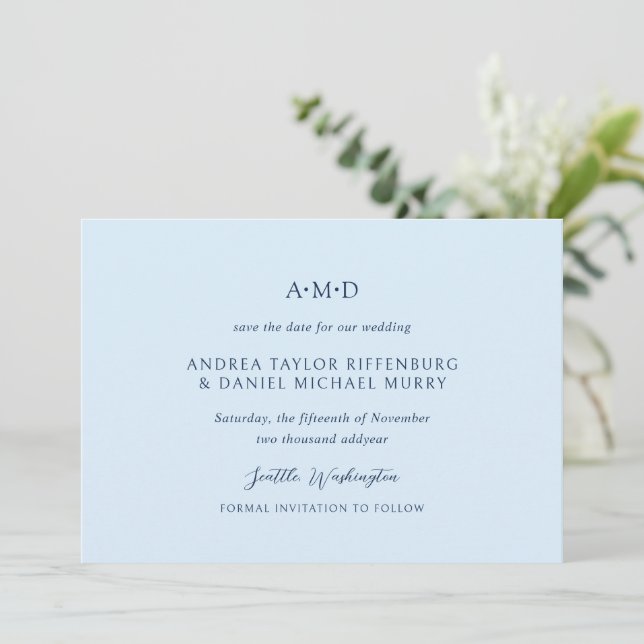 Reserve A Data Andrea Azul Céu Casamento Elegante (Em pé/Frente)