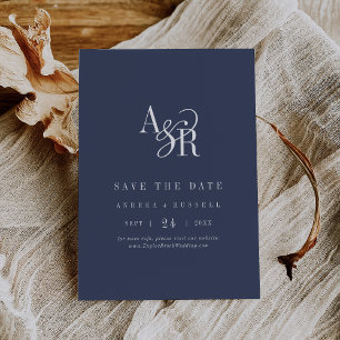 Reserve A Data ANDREA Monograma Simples Casamento Azul Marinho Mi