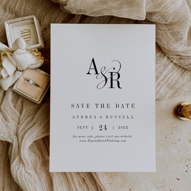 Reserve A Data ANDREA Monograma Simples Casamento Branco Branco B (ANDREA Monogram Simple Modern White Black Wedding Save The Date)