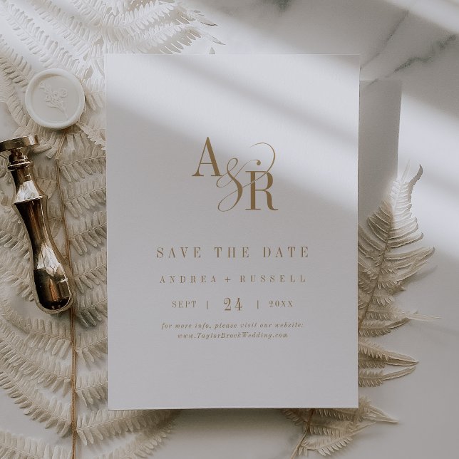 Reserve A Data ANDREA Monograma Simples Casamento Formal Mínimo D (ANDREA Monogram Simple Gold Minimal Formal Wedding Save The Date)