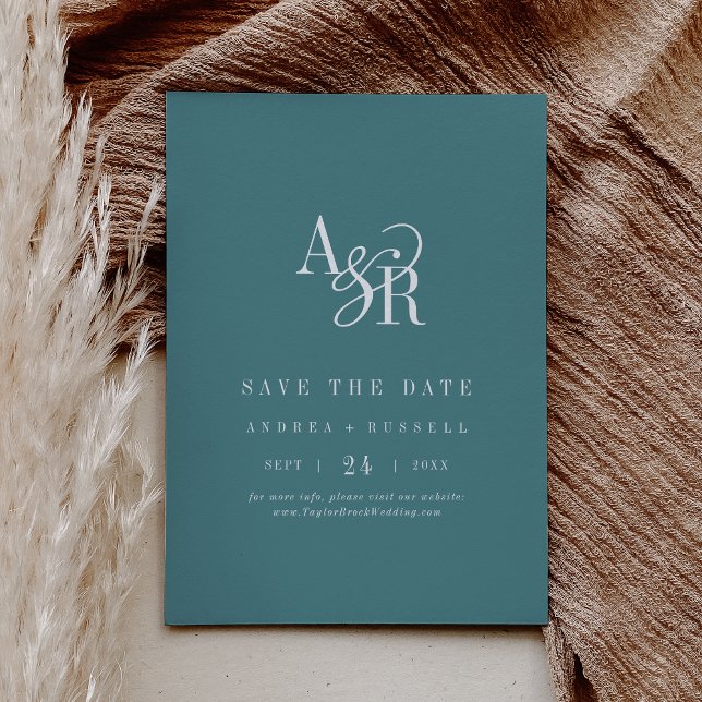 Reserve A Data ANDREA Monograma Simples Casamento Minimal Azul Es (ANDREA Monogram Simple Dark Teal Minimal Wedding Save The Date)
