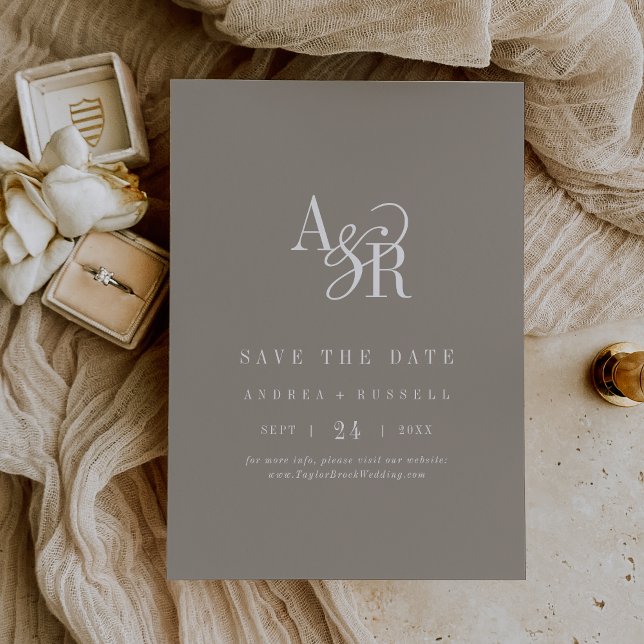 Reserve A Data ANDREA Monograma Simples Rústico Bege Casamento (ANDREA Monogram Simple Rustic Taupe Wedding Save The Date)