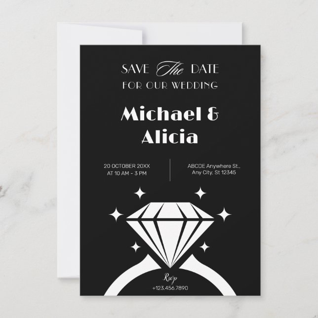 Reserve A Data Anel de diamante preto e branco casamento minimali (Frente)