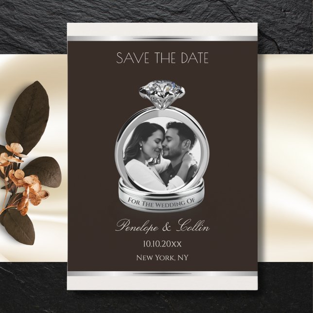 Reserve A Data Anel de Noivado Espresso Cream Foto Save the Date (Modern espresso and cream save the date card with 3D silver engagement ring photo frame template.)