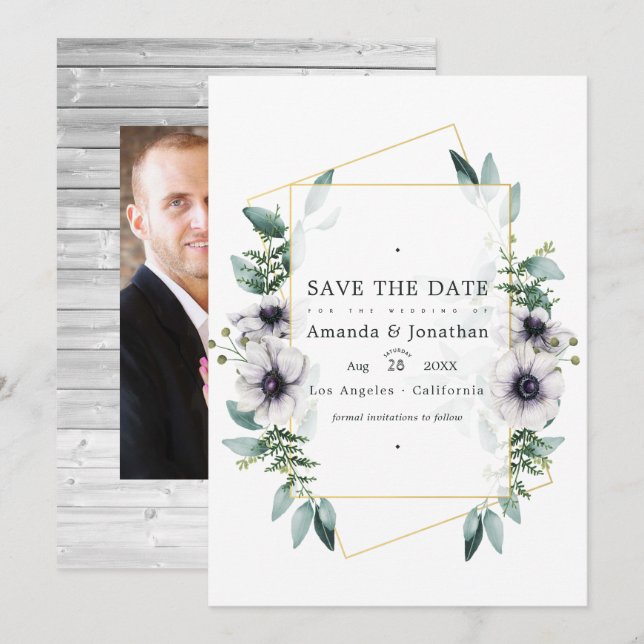 Reserve A Data Anêmona Geométrica de Aquarela Eucalipto Casamento (Frente/Verso)
