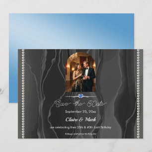 Reserve A Data Aniversário Conjunto Foto em Seda Preta Azul Safir