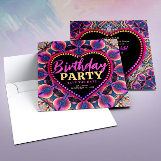 Reserve A Data Aniversário Coração Hippie Psicodélico Rosa Roxo