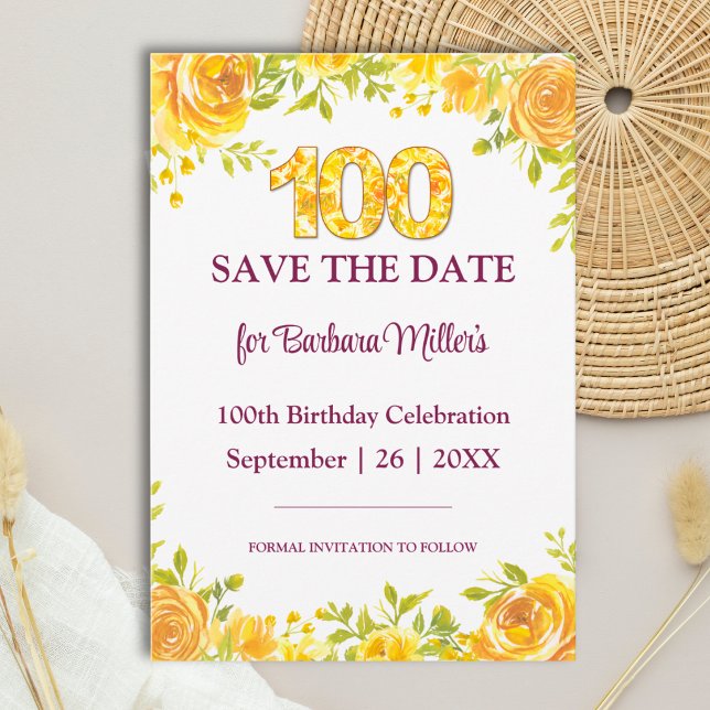 Reserve A Data Aniversário de 100 anos com rosas amarelas elegant (Criador carregado)
