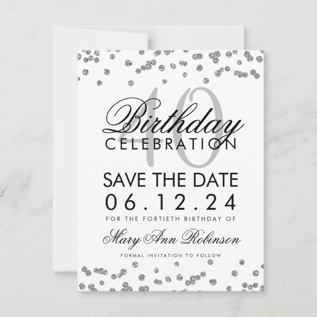 Reserve A Data Aniversário de 40 anos Silver Salve a Data Confett (Frente)