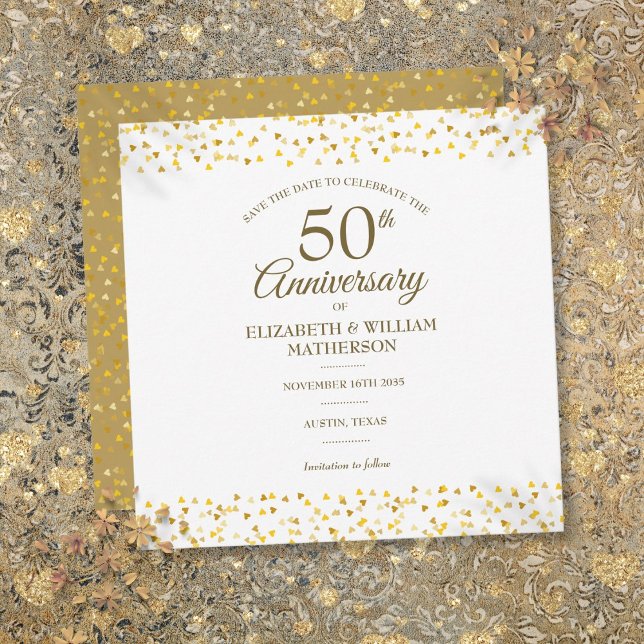 Reserve A Data Aniversário de 50 anos de Casamento Corações de Ou (50th Wedding Anniversary Gold Hearts Square Save The Date)
