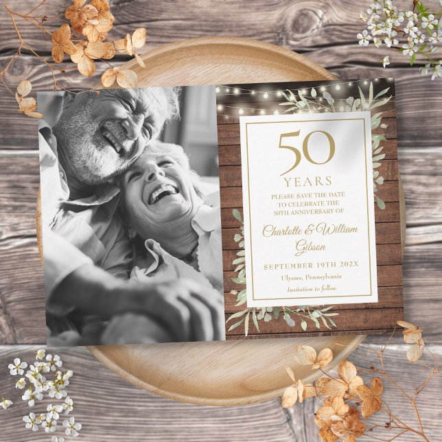 Reserve A Data Aniversário de 50 anos Foto Luzes Rusticas Vegetaç (50th Anniversary Rustic Greenery Lights Photo Save The Date)