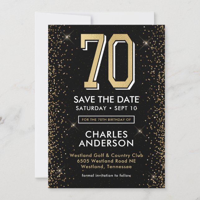 Reserve A Data Aniversário de 70 anos Preto Moderno  (Frente)