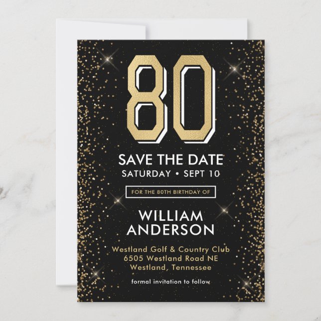Reserve A Data Aniversário de 80 anos Preto Moderno (Frente)