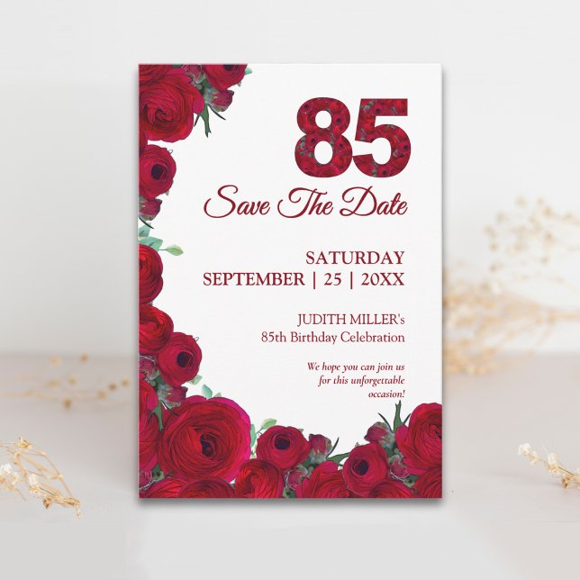 Reserve A Data Aniversário de 85 anos com flores vermelhas ousada (Criador carregado)
