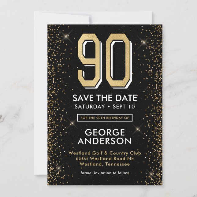 Reserve A Data Aniversário de 90 anos Preto Moderno  (Frente)