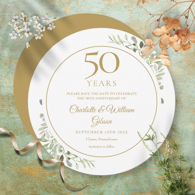 Reserve A Data Aniversário de Bodas de Ouro Circular com Folhagem (Criador carregado)