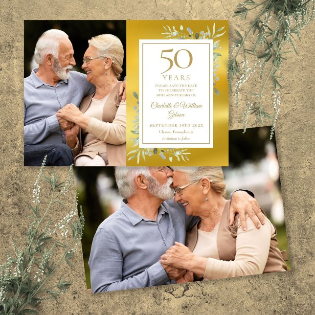 Reserve A Data Aniversário de Bodas de Ouro com Folhagem 2 Fotos (50th Golden Wedding Anniversary Greenery 2 Photos Save The Date)