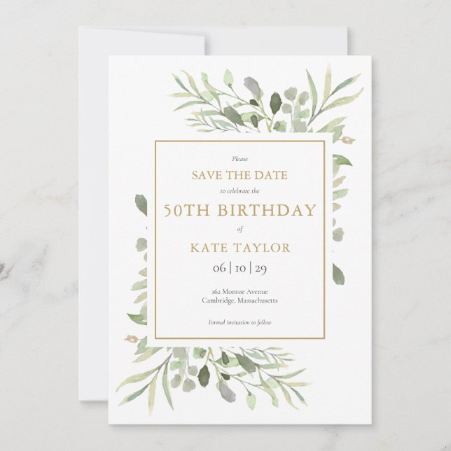 Reserve A Data Aniversário de Qualquer Idade Aquarela Verde (Frente)