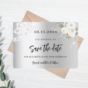 Reserve A Data Aniversário de rendas brancas prateadas