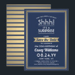 Reserve A Data Aniversário do Partido Surpresa Marinho Azul, Bran<br><div class="desc">Você pode guardar um segredo? Convide familiares e amigos para uma elegante e excitante celebração de aniversário surpresa com marinho azul, branco e folha de ouro personalizada para salvar os convites de festas de data. Toda a redação desta modelo é simples de personalizar, incluindo a mensagem que diz "Shhh! É...</div>