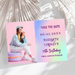 Reserve A Data Aniversário do roteiro de fotos roxo holográfico r<br><div class="desc">Um moderno e elegante Salve a Data para uma festa de aniversário (qualquer idade). Fundo holográfico,  cor-de-rosa,  verde-hortelã. Personalize e adicione uma foto,  data e nome.</div>