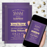 Reserve A Data Aniversário Surpresa Baixável Roxo e Dourado<br><div class="desc">Você pode guardar um segredo? Convide familiares e amigos para uma elegante e excitante celebração de aniversário surpresa com roxo personalizado e ouro para salvar os convites de festas de data. Toda a redação desta modelo é simples de personalizar, incluindo a mensagem que diz "Shhh! É uma SURPRESA." O design...</div>