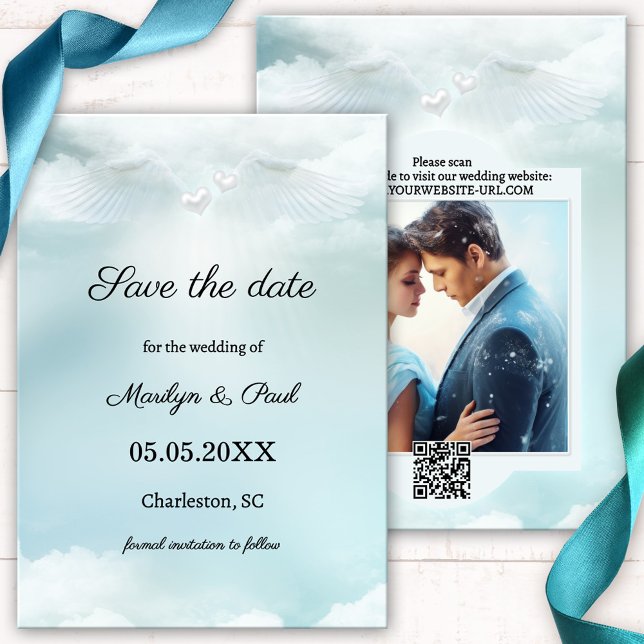 Reserve A Data Anjo Asas Nove Nuvens Foto Salvar Data  (Wedding Save the Date card featuring a dreamy design with angel wings and hearts on cloud nine)