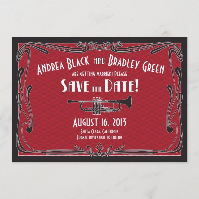Reserve A Data Anos 20 Rugidores Trompete Casamento Salve a Data (Frente)