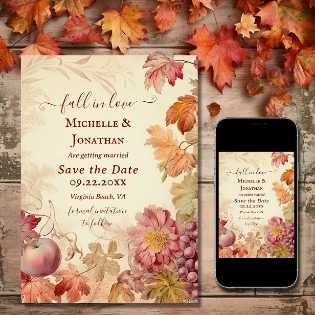 Reserve A Data Apaixonado Belo Casamento outono de outono (Printed and Digital - Fall in Love Beautiful Autumn Vintage Fall Wedding Save The Date)