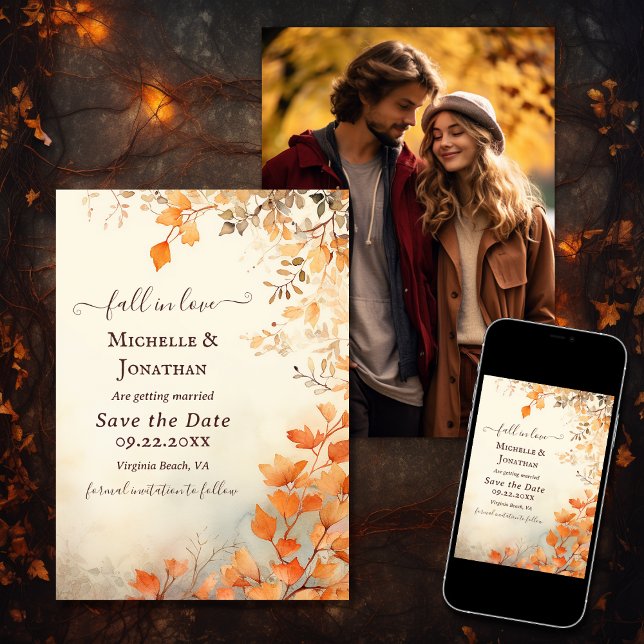 Reserve A Data Apaixonado Belo outono deixa foto de casamento (Printed and Digital - Fall in Love Beautiful Autumn Leaves Wedding Photo Save The Date)
