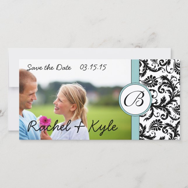 Reserve A Data Aqua & Black Damask Save the Date Your Photo (Frente)