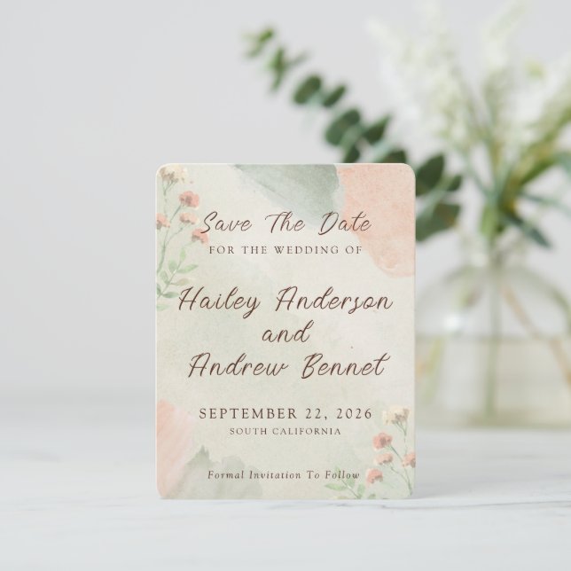 Reserve A Data Aquarela Amarelo Rosa e Verde Casamento Minimalist (Em pé/Frente)
