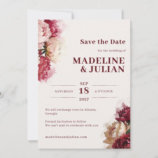 Reserve A Data Aquarela Blooms | Casamento Romântico de Peônia (Verso)