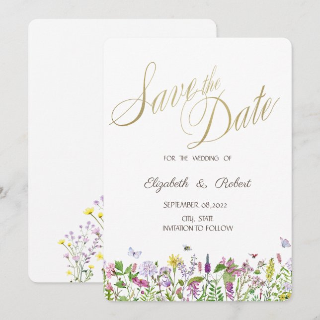 Reserve A Data Aquarela Borboletas de Flores Silvestres (Frente/Verso)