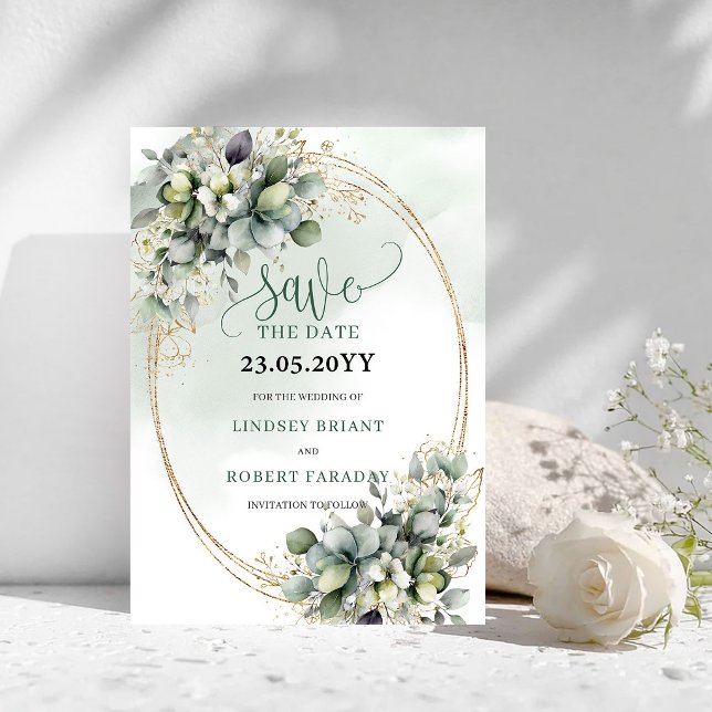 Reserve A Data Aquarela Botânica Verde Dourado Salve A Data (Botanical Watercolor Green Gold Save The Date)