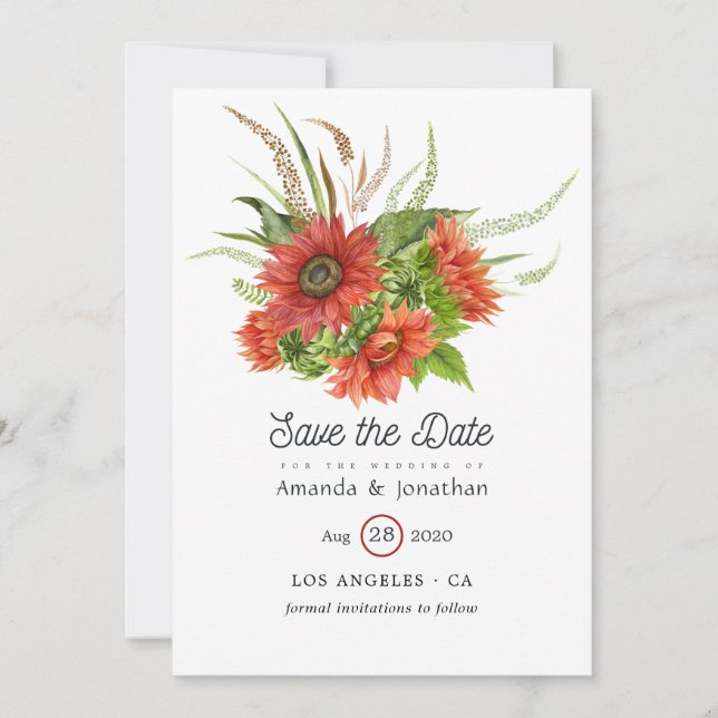 Reserve A Data Aquarela Casamento Rústico Boêmio Girassóis Vermel (Frente)