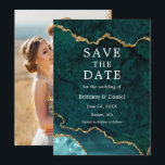 Reserve A Data Aquarela Elegante Geodo de Ágata em Mármore Azul-T<br><div class="desc">Cartão de Salvar a Data com Geodo de Ágata em Mármore Azul-Teal e Dourado em Aquarela Elegante Moderna - Parte de Trás com Foto</div>