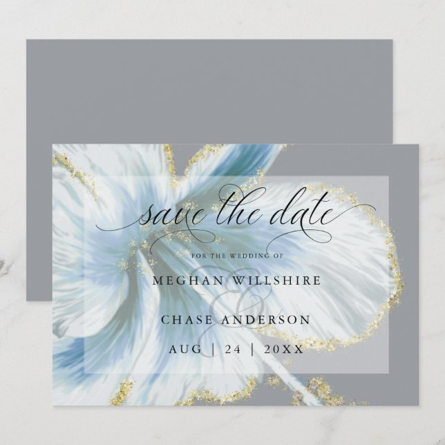 Reserve A Data Aquarela Flor Tropical Azul Empoeirada (Frente/Verso)