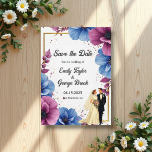 Reserve A Data Aquarela Flores Azuis Roxas Casamento Elegante