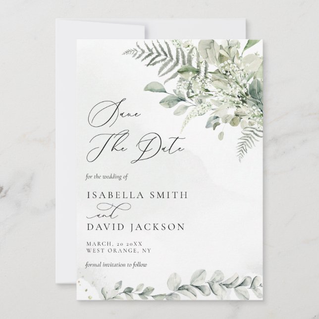 Reserve A Data Aquarela Folhagem Verde Eucalipto Verde Sage (Frente)