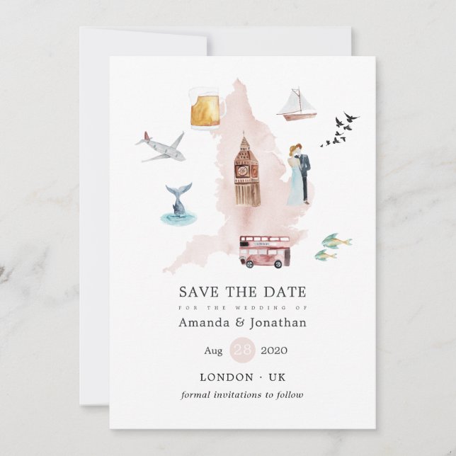 Reserve A Data Aquarela Inglaterra Reino Unido Casamento (Frente)