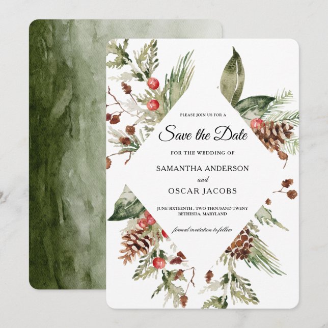 Reserve A Data Aquarela Palha Verde de Inverno e Pine Cone (Frente/Verso)