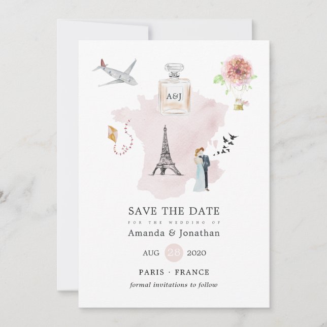 Reserve A Data Aquarela Paris Pensava Monograma de Casamento (Frente)