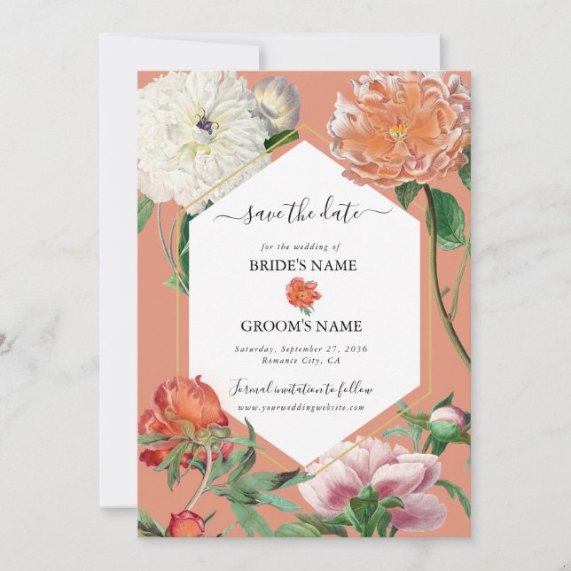 Reserve A Data Aquarela Peônias Rosadas Flores Casamento (Frente)