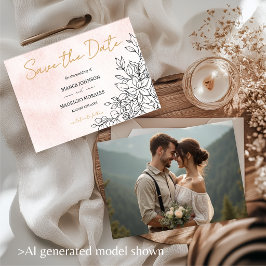Reserve A Data Aquarela Rosa com Arte Botânica Preta Elegante