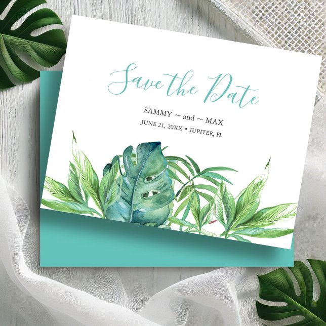Reserve A Data Aquarela Tropical Não-Foto Salvar a Data (Save the dates watercolor tropical leaves destination weddings Victoria Grigaliunas DoTellABelle)