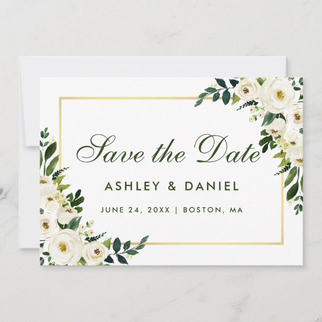 Reserve A Data Aquarela Verde Floral Branco Dourado Salvar Data G (Frente)