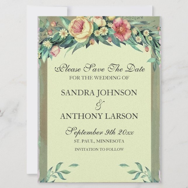 Reserve A Data Aquarela Verde Floral e Rosa Salva A Data (Frente)