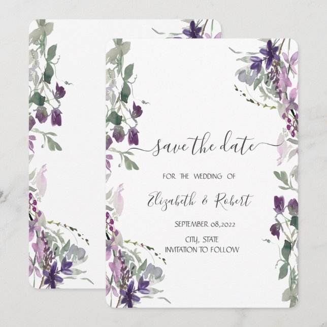 Reserve A Data Aquarela Violeta Flor Silvestre Salvar A Data (Frente/Verso)